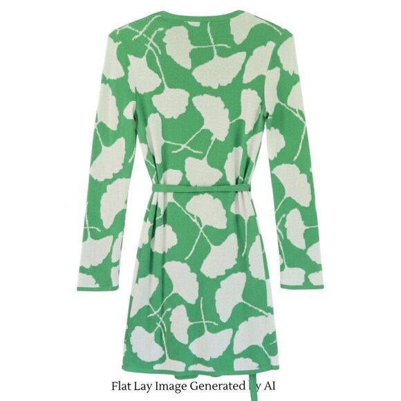 Diane Von Furstenberg XS Green & White Ginko Leaf Wrap Sweater Top Dress - Picture 8 of 16